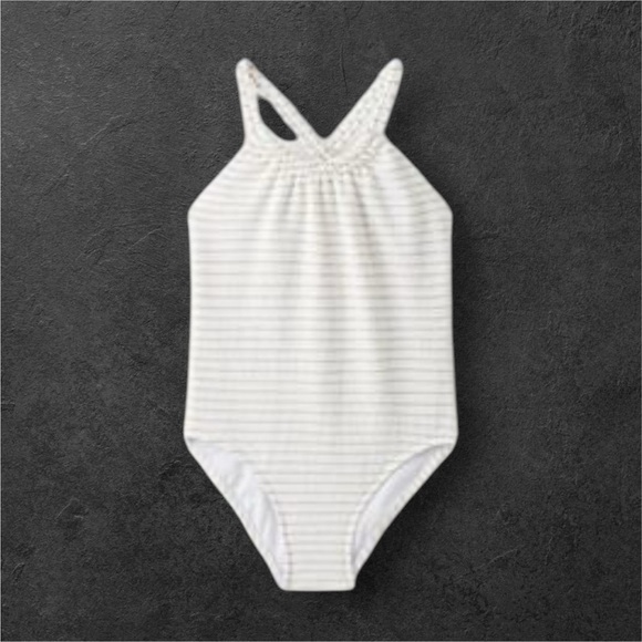 Zara Kids Swimsuit Girls Size 8-9 White & Gold Stripes One Piece Ocean Pool - Picture 1 of 6